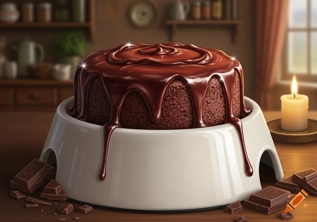 A decadent chocolate fudge cake with shiny dripping icing sits in a white dog bowl on a wooden table with chocolate pieces in a kitchen.