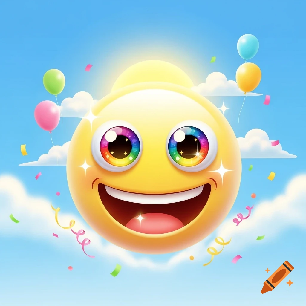 A shiny yellow emoji face with a wide smile and large, sparkling rainbow eyes floats in a blue sky with clouds, surrounded by colorful balloons and confetti.