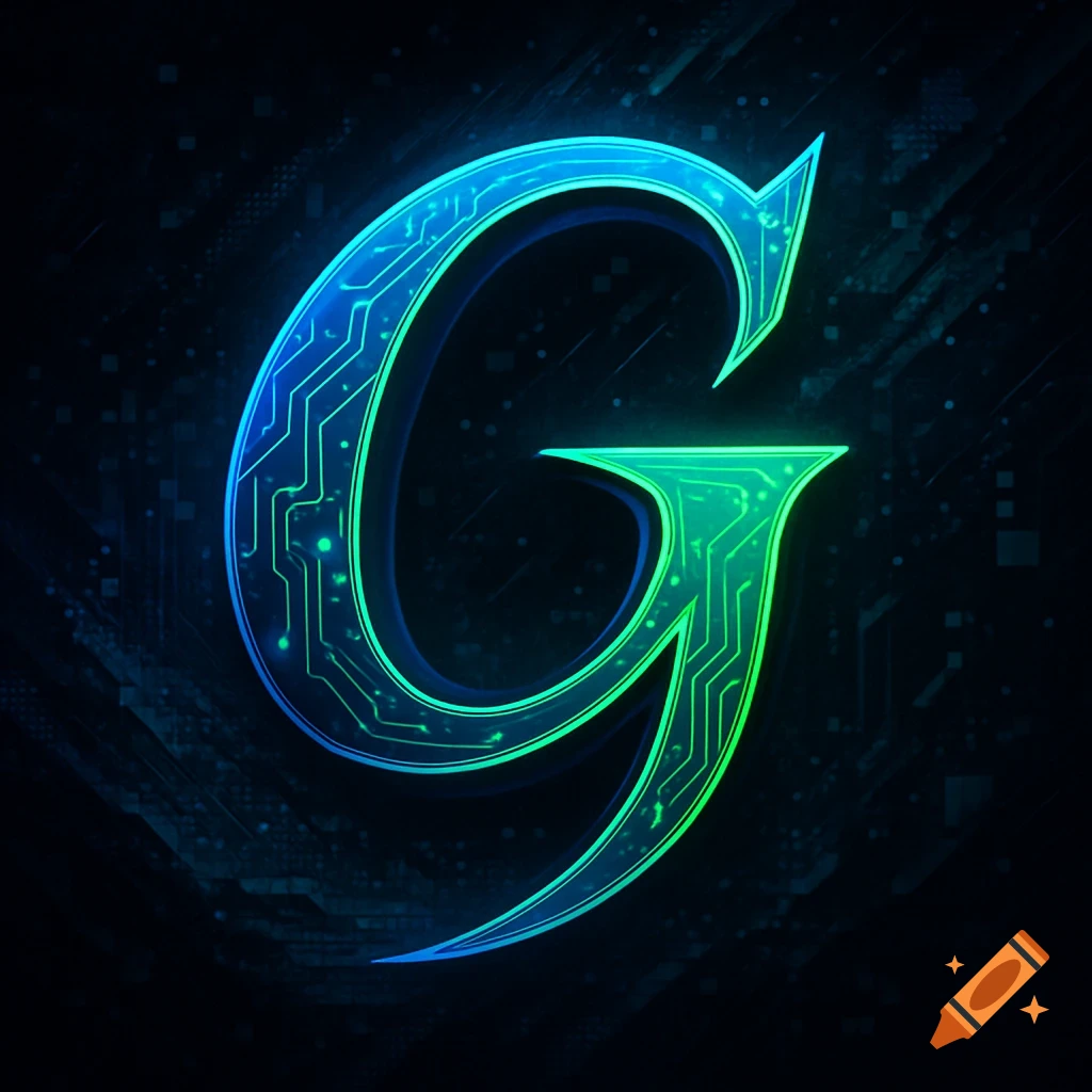 A glowing, circuit board-patterned letter 'G' in blue and green on a dark, tech-themed background.