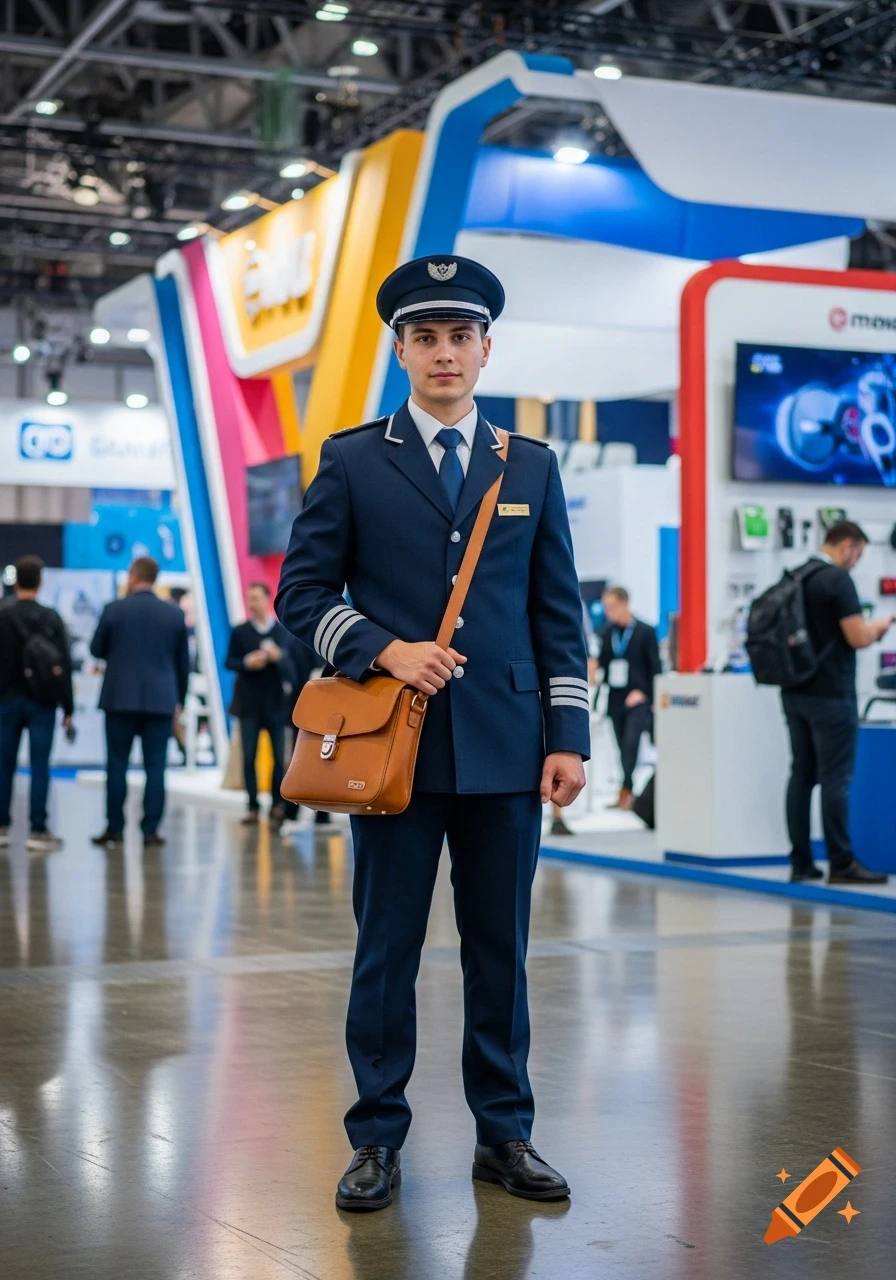 A young man in a dark blue uniform with stripes and a cap holds a brown satchel at a trade show.