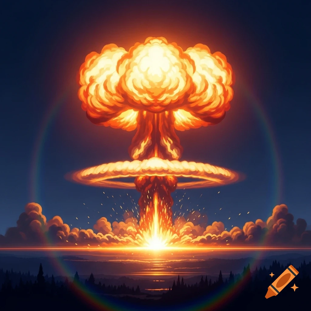 A stylized illustration of a massive atomic bomb mushroom cloud explosion over a landscape with distant trees and water, with rainbows visible.