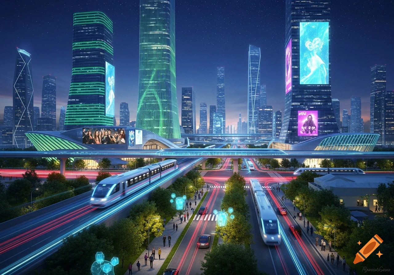 A vibrant, futuristic city at night, with glowing green skyscrapers ...