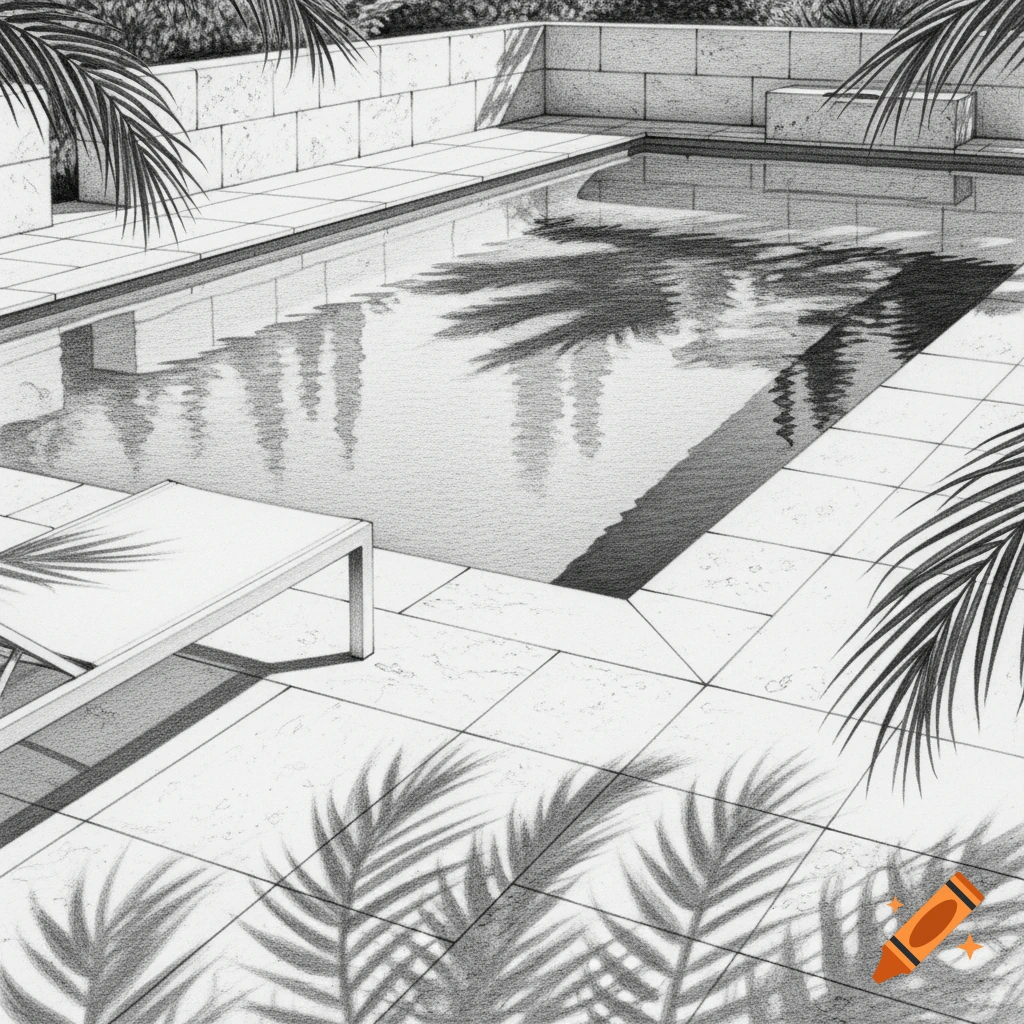 Black and white pencil drawing of a large private swimming pool surrounded by a stone patio, with palm leaf shadows.
