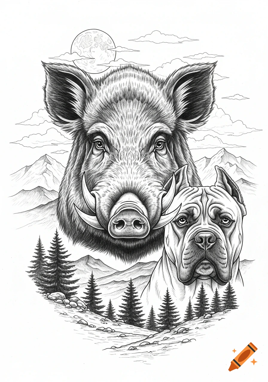 Detailed black and white line drawing of a wild boar head above a Cane Corso dog head, set in a mountainous forest under a moon.