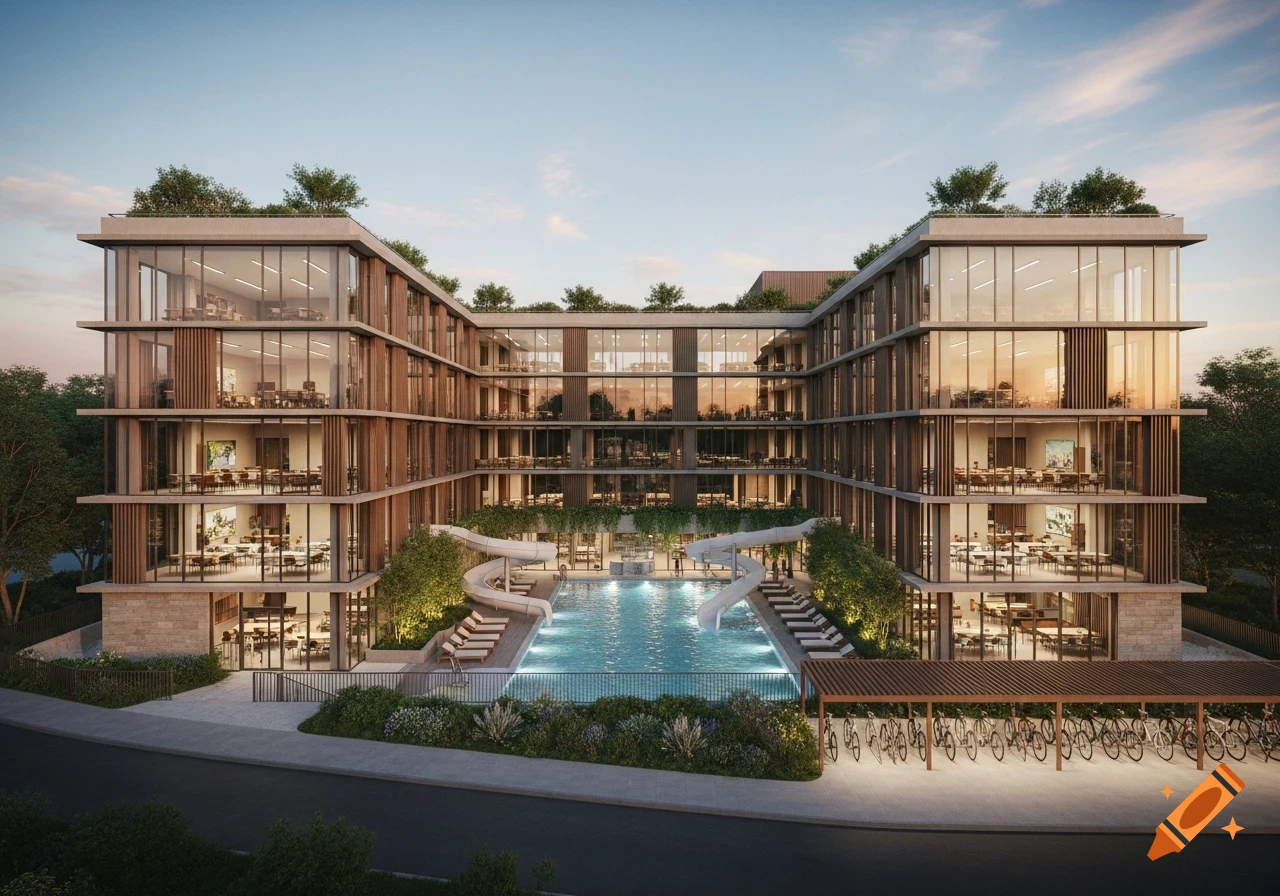 Modern multi-story building with glass walls, wood accents, and green roofs, centered around a pool with slides, and a covered bike parking at sunset.