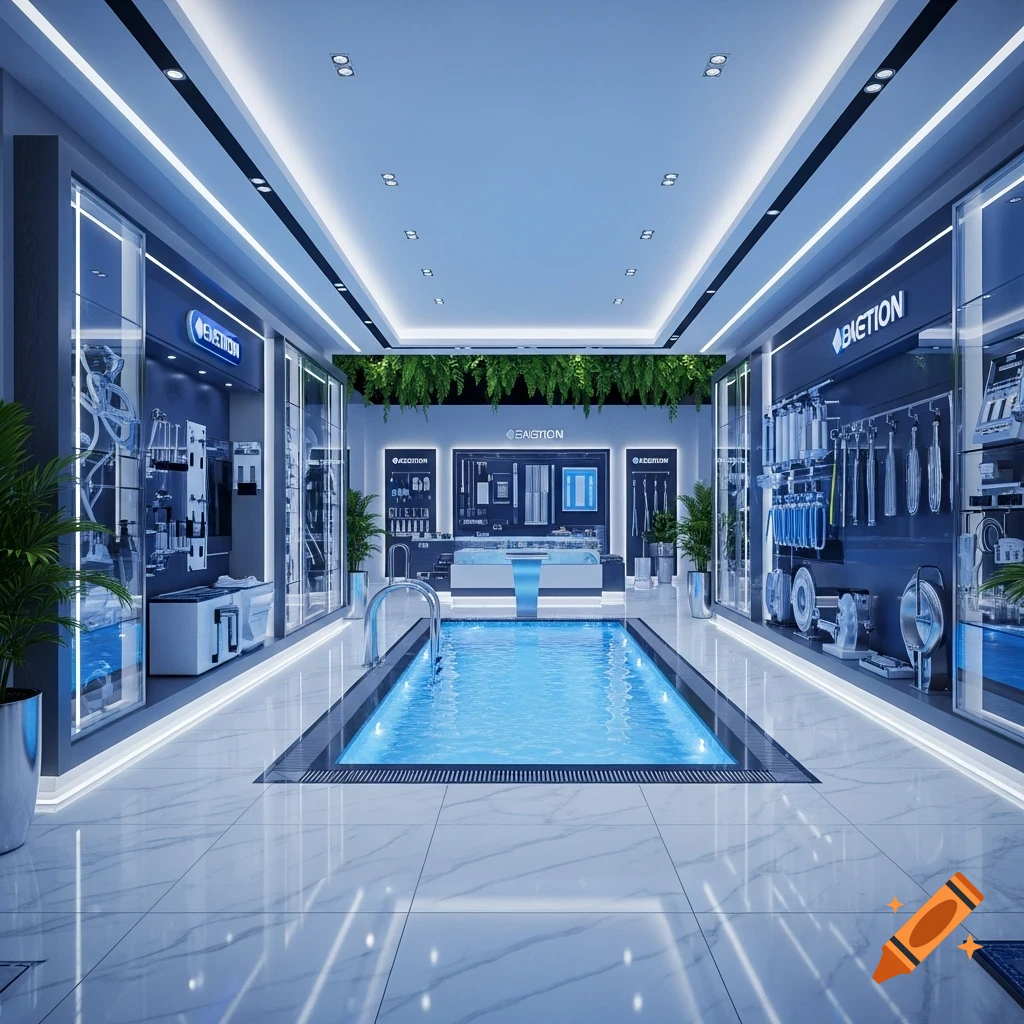 A sleek, modern luxury store interior featuring a blue-lit swimming pool in the center, surrounded by displays of pool equipment and green plants.