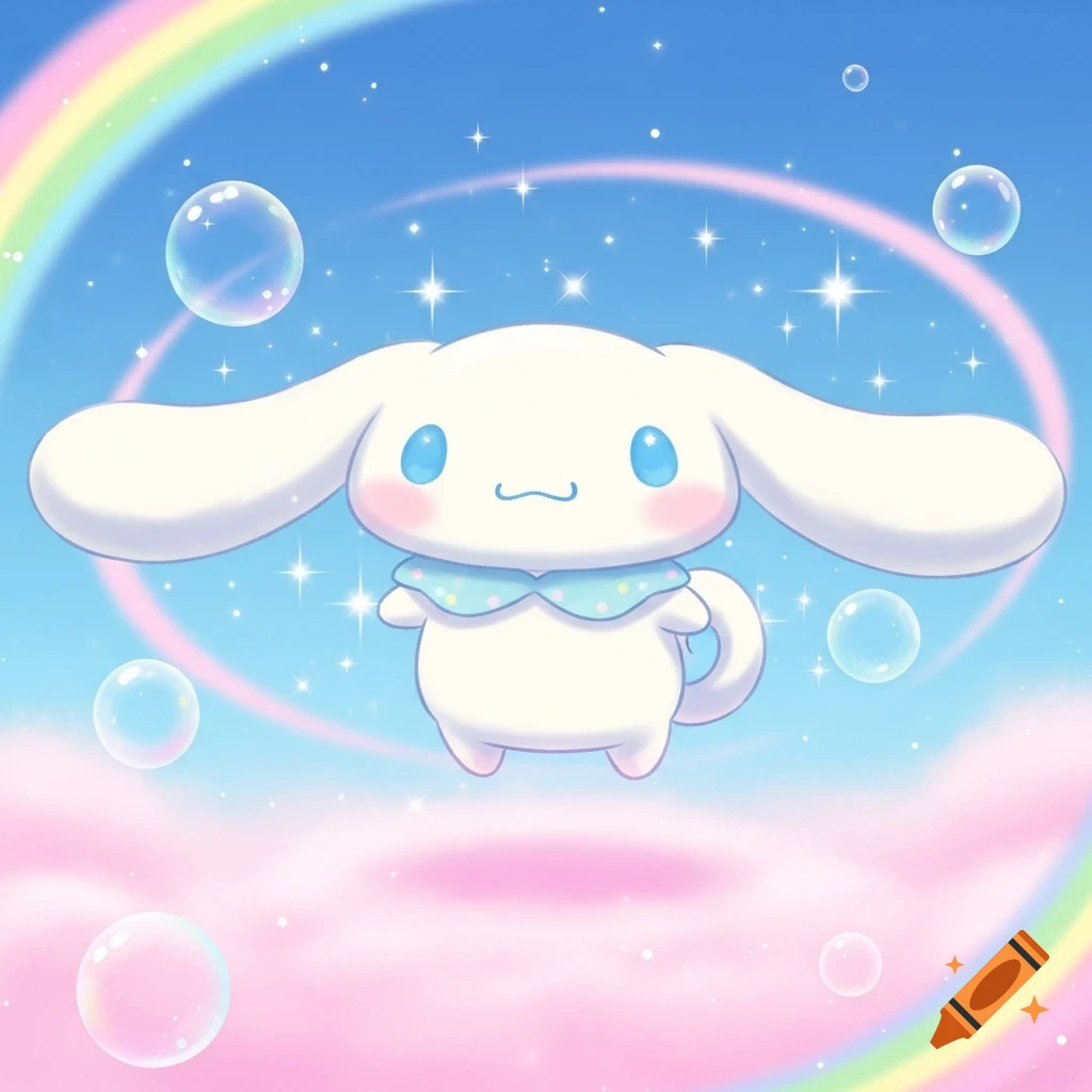 A cute white Cinnamoroll character with blue eyes and a polka-dotted collar floats in a dreamy sky with a rainbow, stars, and bubbles.