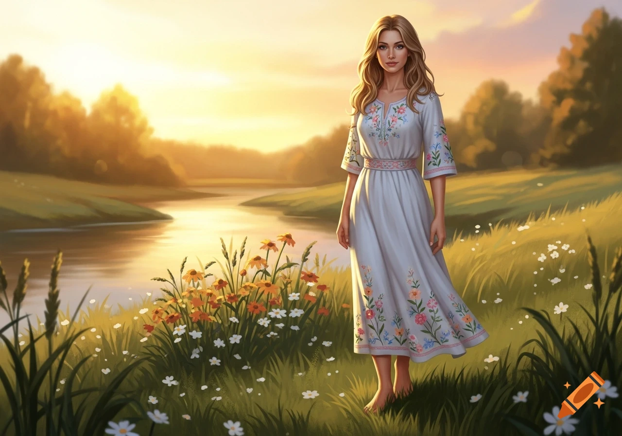 A woman in a white floral embroidered dress stands barefoot in a meadow by a river at sunset, with golden light.