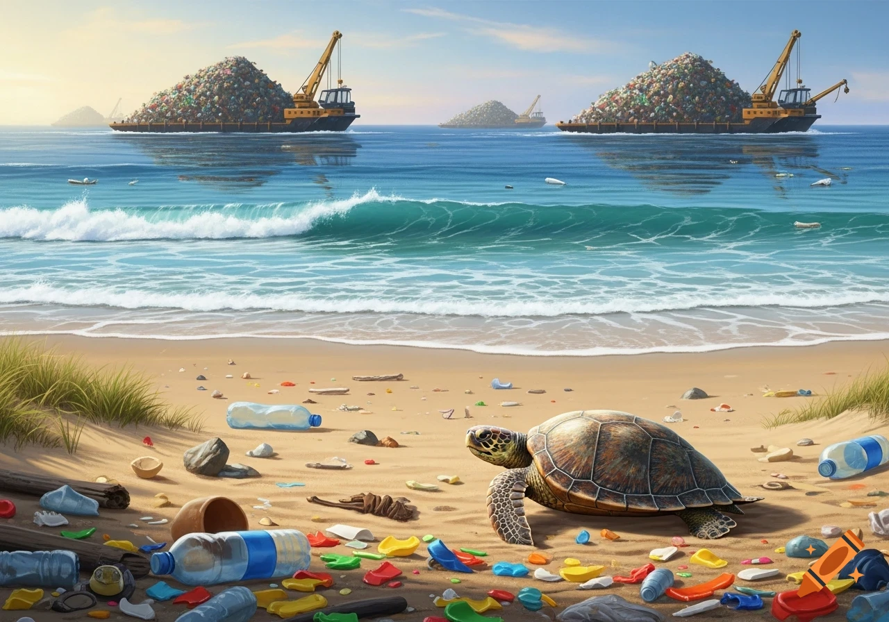 A sea turtle on a trash-strewn beach with plastic debris. Large ships loaded with garbage float in the polluted ocean under a sunny sky.