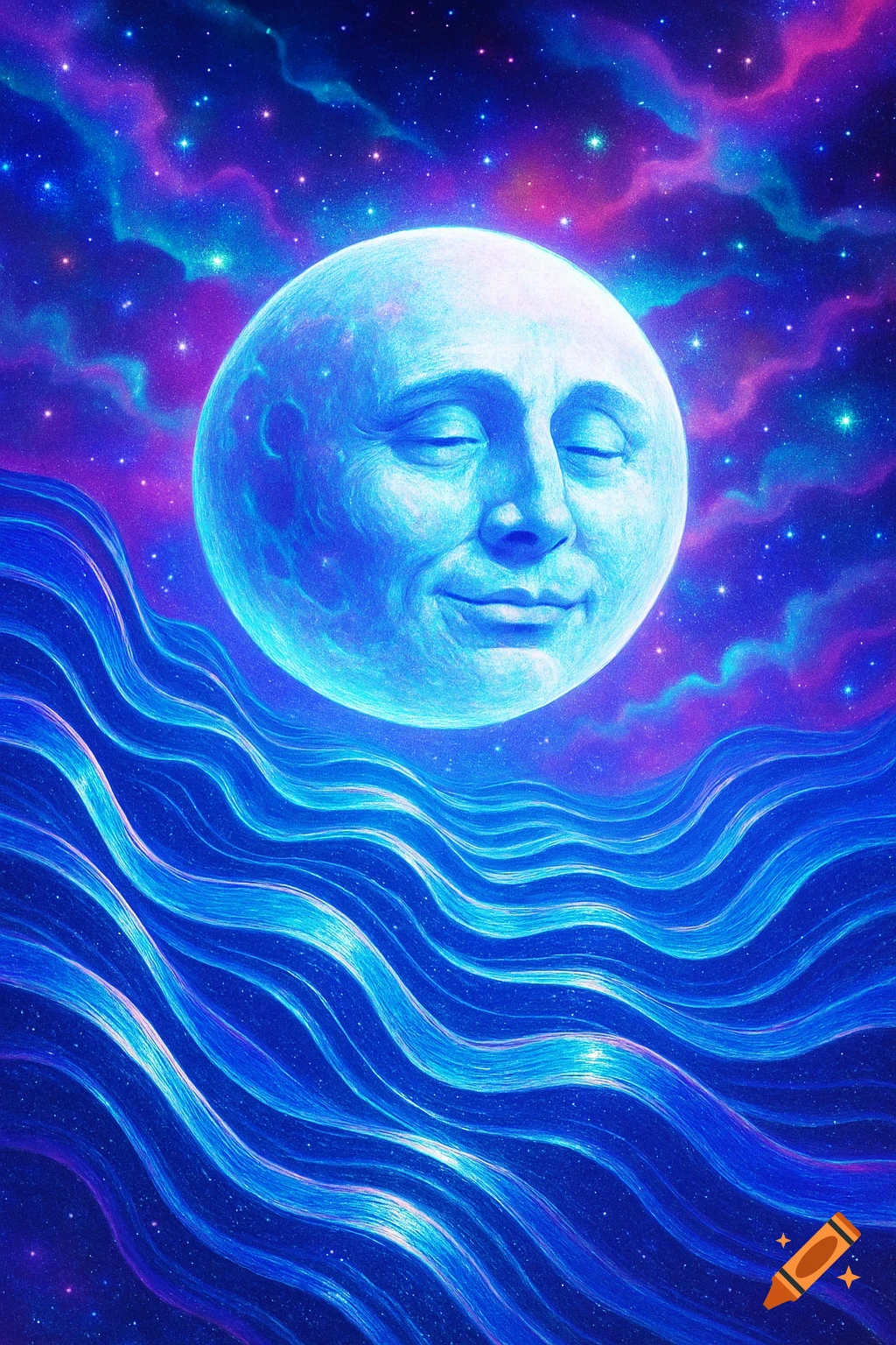 A blue, smiling man-in-the-moon floats above stylized blue waves against a starry, purple and blue cosmic background.