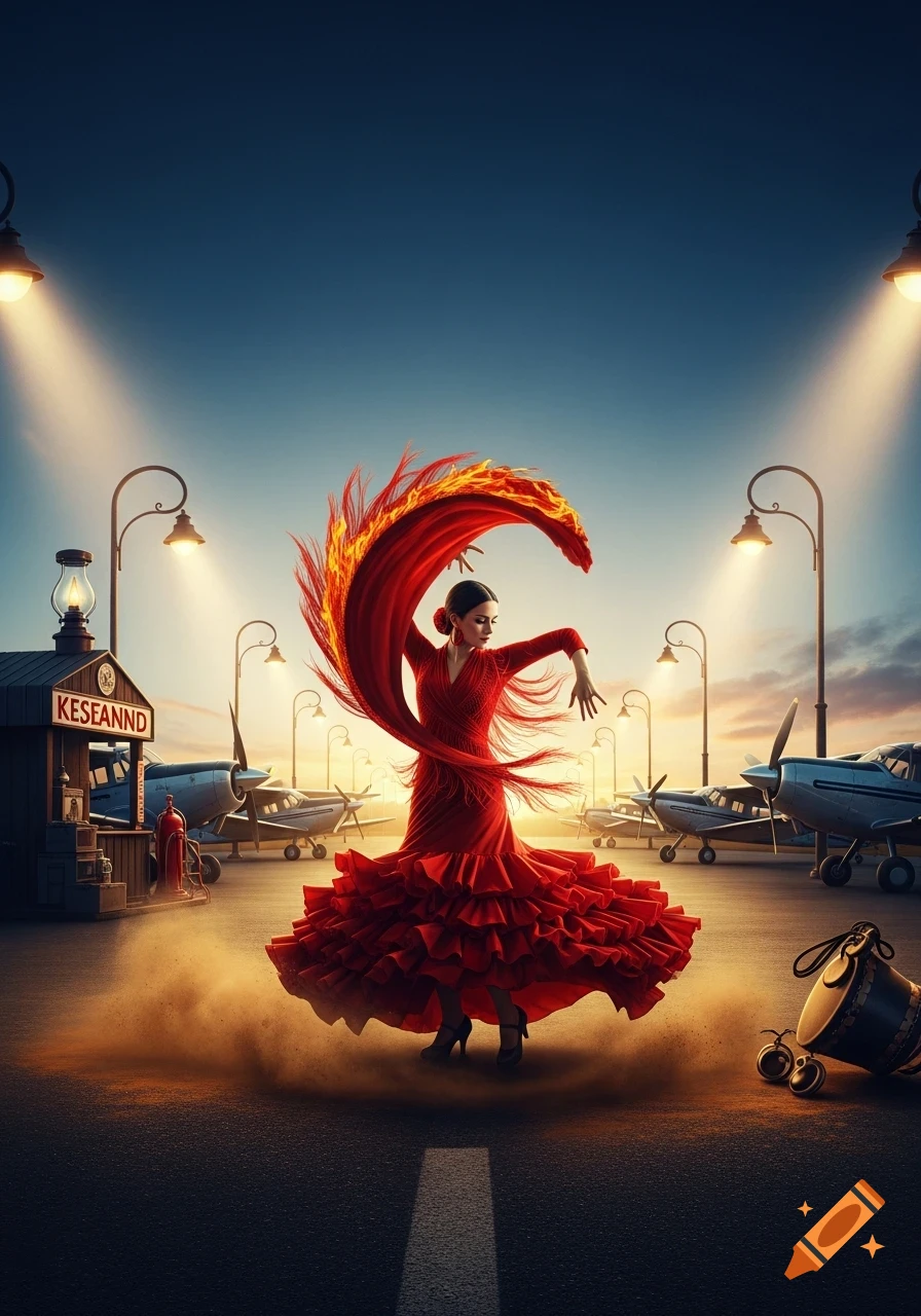 A woman in a vibrant red flamenco dress with fiery accents dances on an airfield at sunset, with planes and a kerosene station in the background.