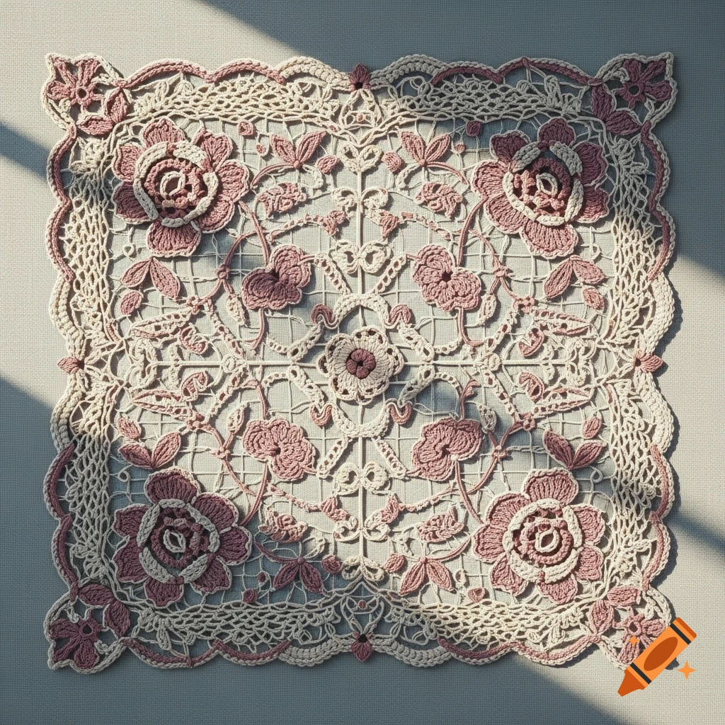 Intricate pink and cream square filet crochet doily with a floral pattern, casting shadows on a light surface.