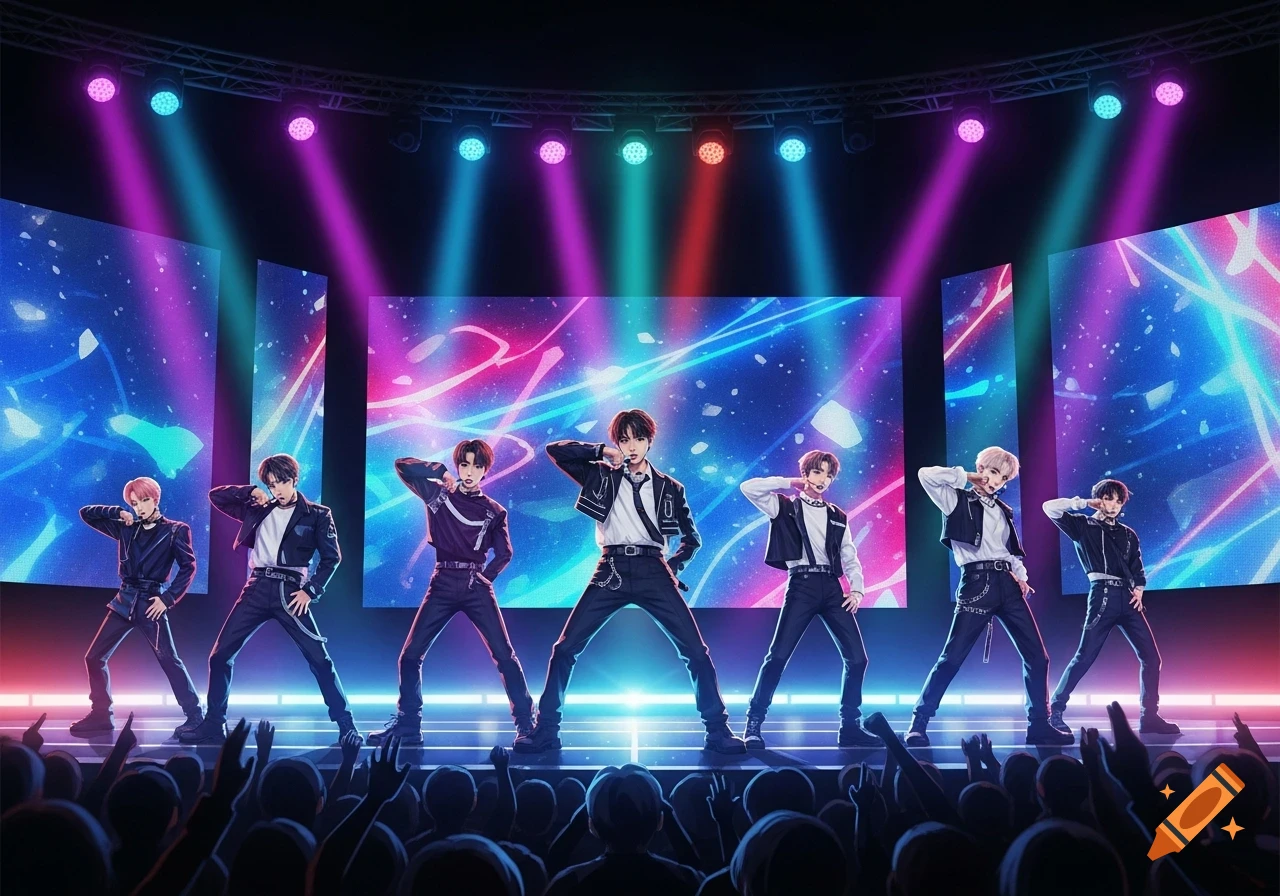 A Kpop group of seven male performers on a brightly lit stage with large abstract screens and a cheering audience.