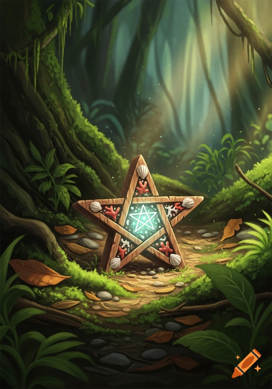 A whimsical, painterly image of a glowing wooden pentagram talisman with shells and coral on a mossy jungle floor.