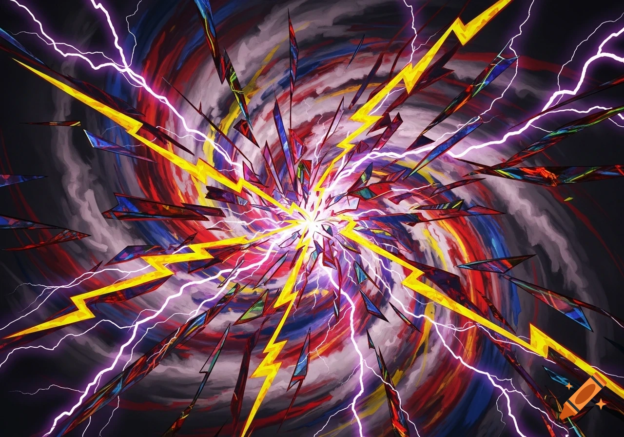 An abstract, colorful explosion of sharp, shattered fragments and bright yellow lightning bolts against a dark, swirling vortex background.
