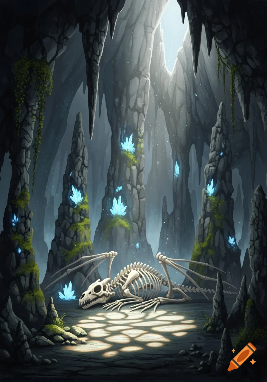 A skeletal dragon lies on the ground in a dark fantasy cave, surrounded by glowing blue crystals and shafts of light filtering from above.