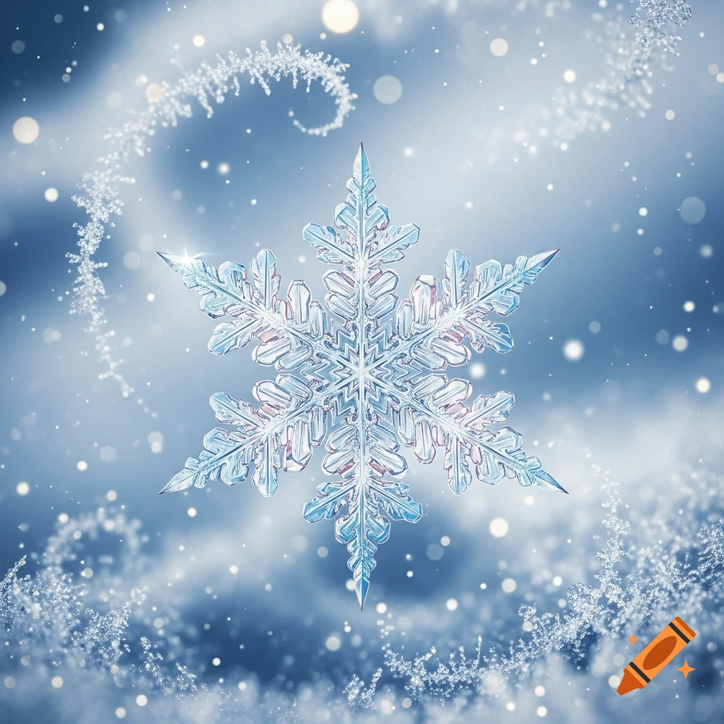 Detailed, sparkling icy snowflake against a soft blue bokeh background, macro photography style.