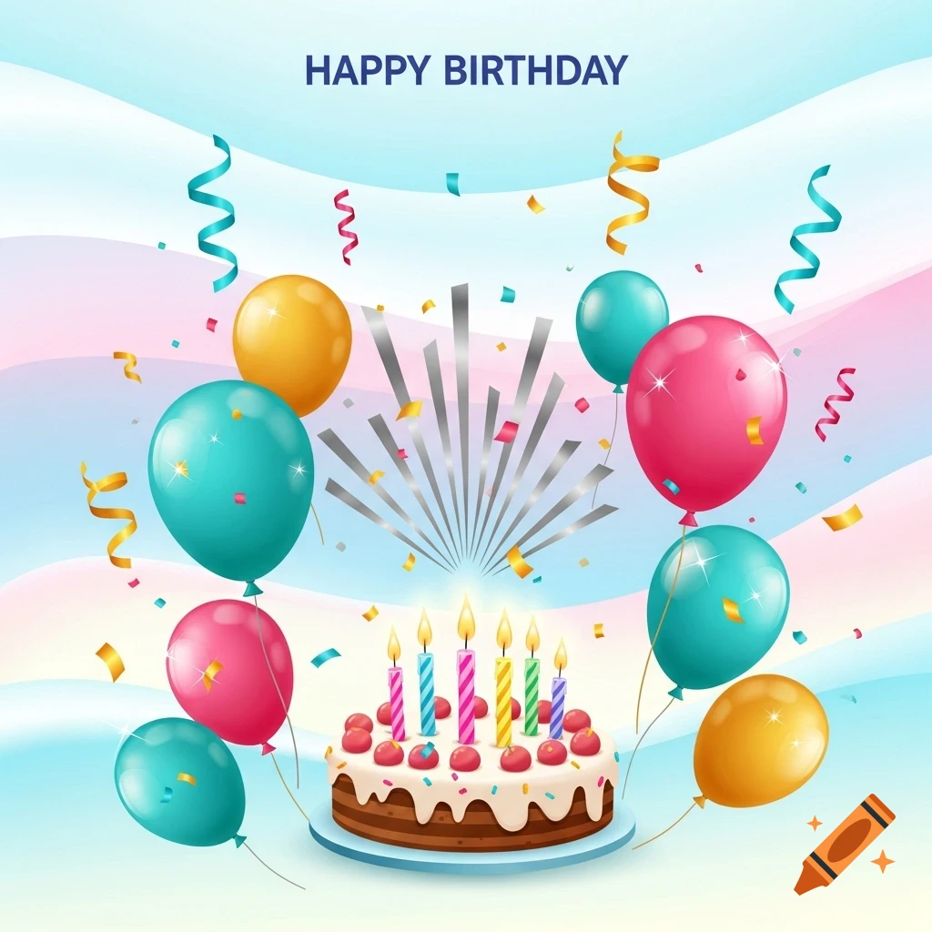 Vector illustration of a birthday cake with lit candles, balloons, and confetti on a pastel background with 'HAPPY BIRTHDAY' text.