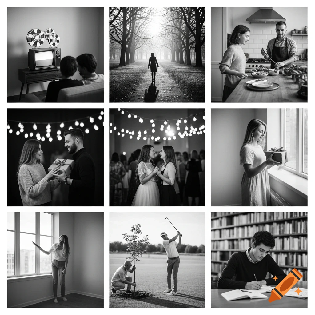 A 3x3 grid of black and white images showing various activities: watching TV, walking in a park, cooking, giving a gift, dancing, holding a gift, standing by a window, planting a tree, playing golf, and studying.