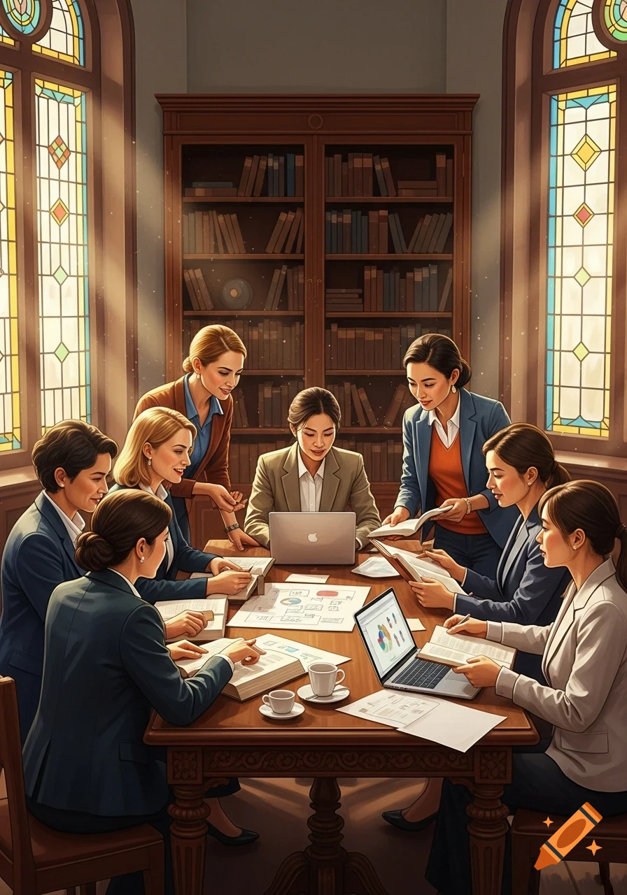 Group of women in suits collaborating around a large wooden table in a library-like room with stained glass windows.
