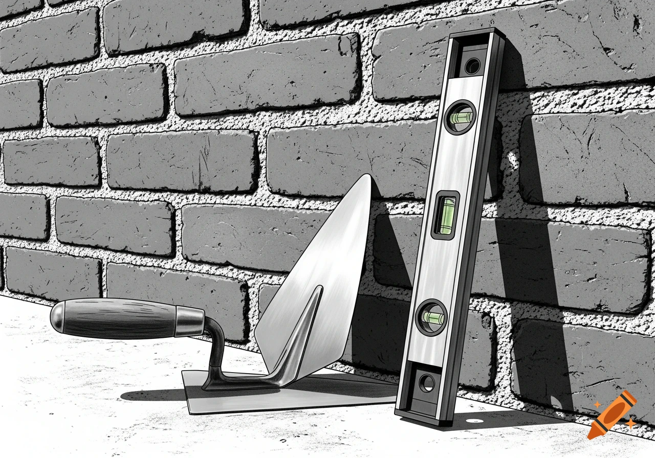A black and white illustration of a bricklaying trowel and a spirit level leaning against a textured brick wall.