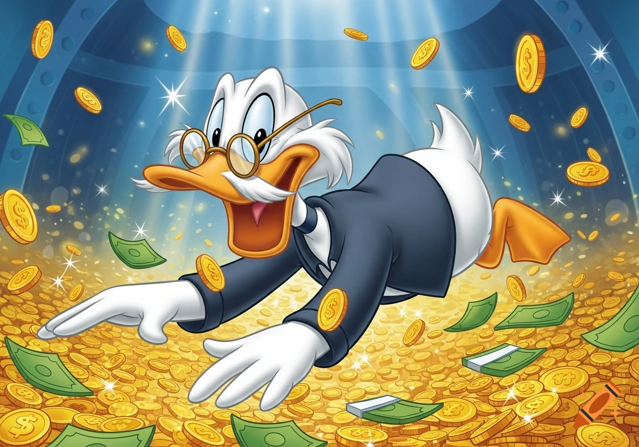 A cartoon duck with glasses and a mustache joyfully swims through a pile of gold coins and dollar bills.