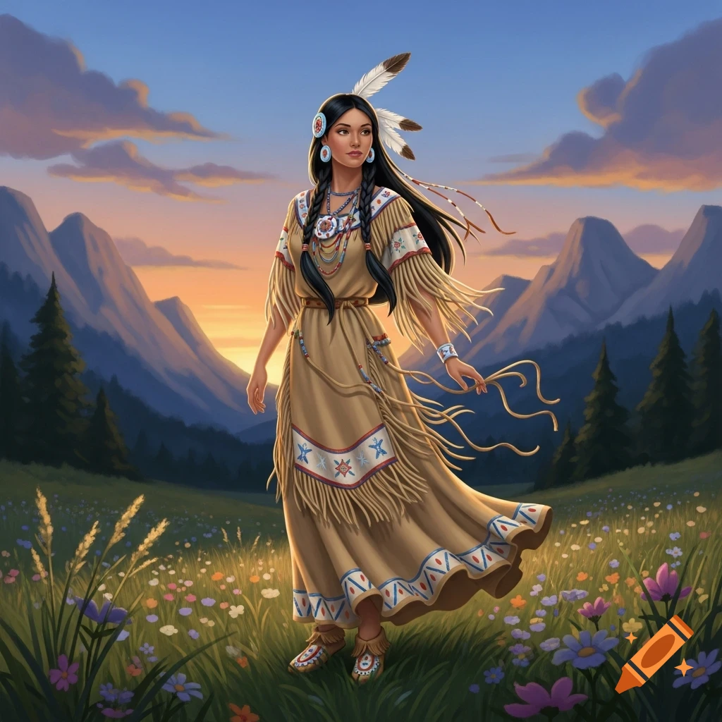 An illustrated woman in a fringed dress with feathers in her hair stands in a wildflower field at sunset, mountains in the background.