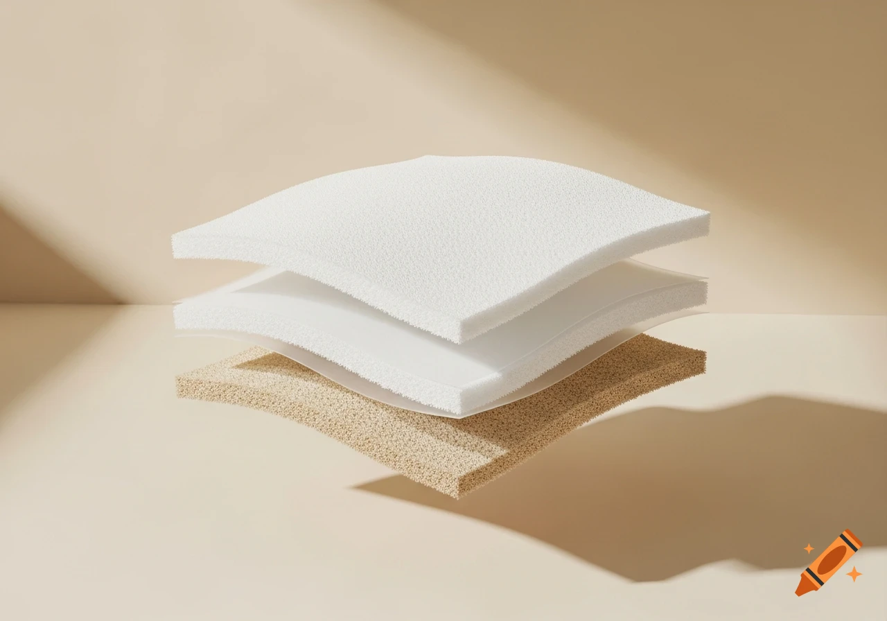 Three layers of white and beige material, one translucent, floating against a neutral background.