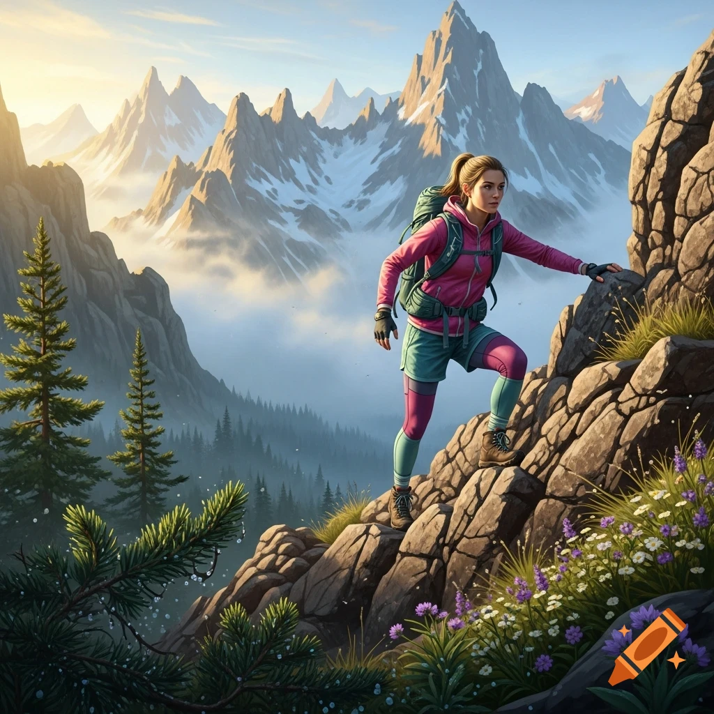 A woman in a pink jacket and teal shorts hikes up a rocky mountain path, with snow-capped peaks and mist in the background.