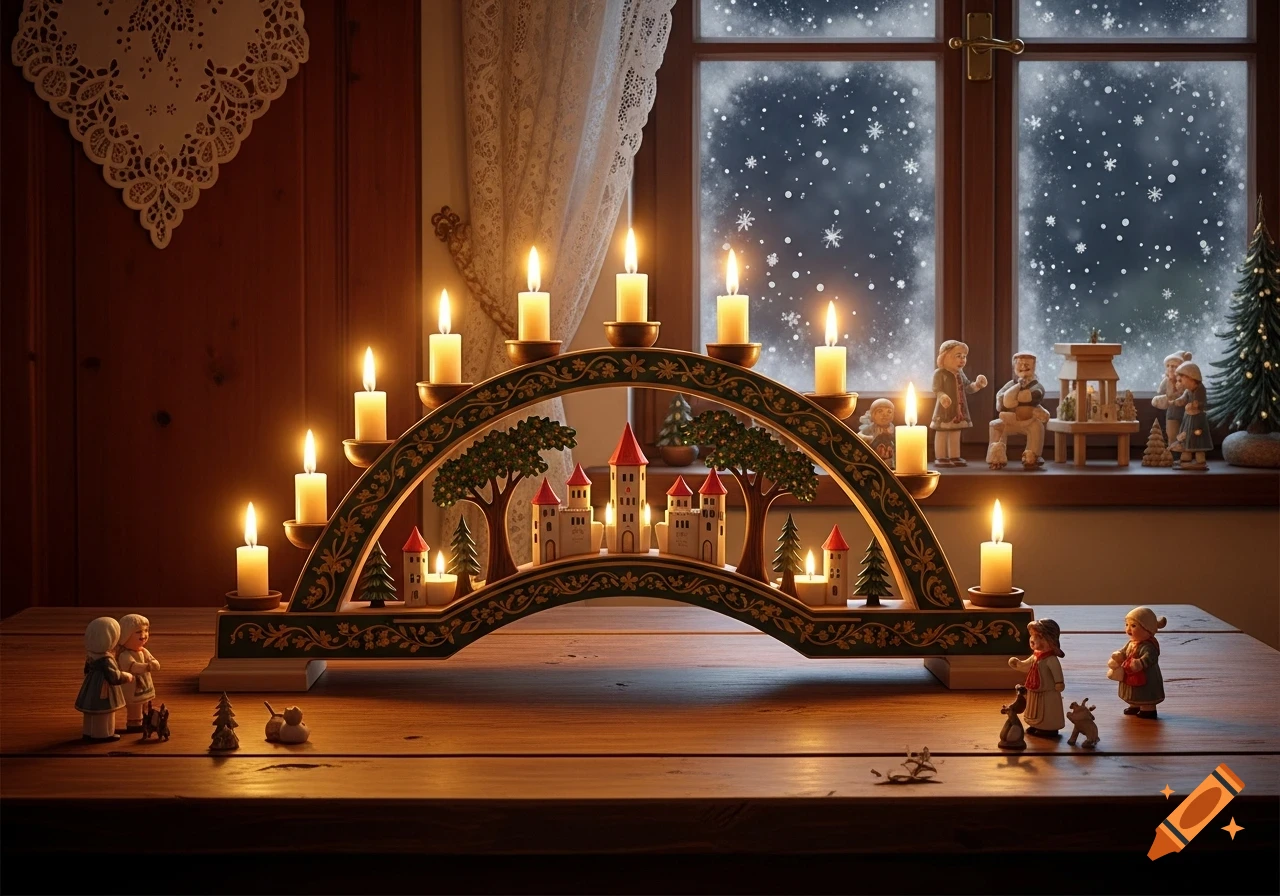 A wooden Schwibbogen candle arch with lit candles, a miniature village, and figures on a table before a snowy window.