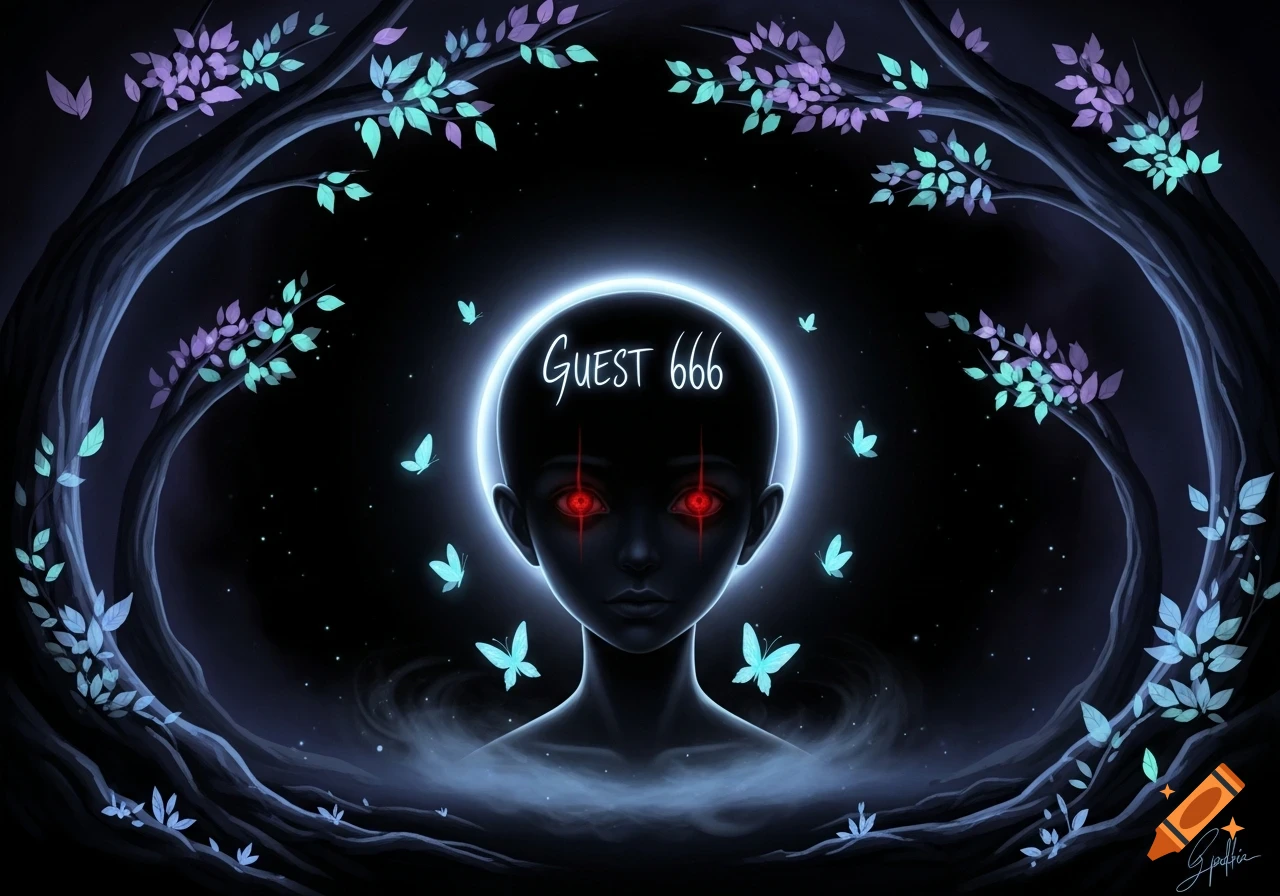 Dark, stylized artwork of a bald figure with glowing red eyes and 'GUEST 666' on its forehead, surrounded by a luminous aura, butterflies, and glowing-leafed trees.