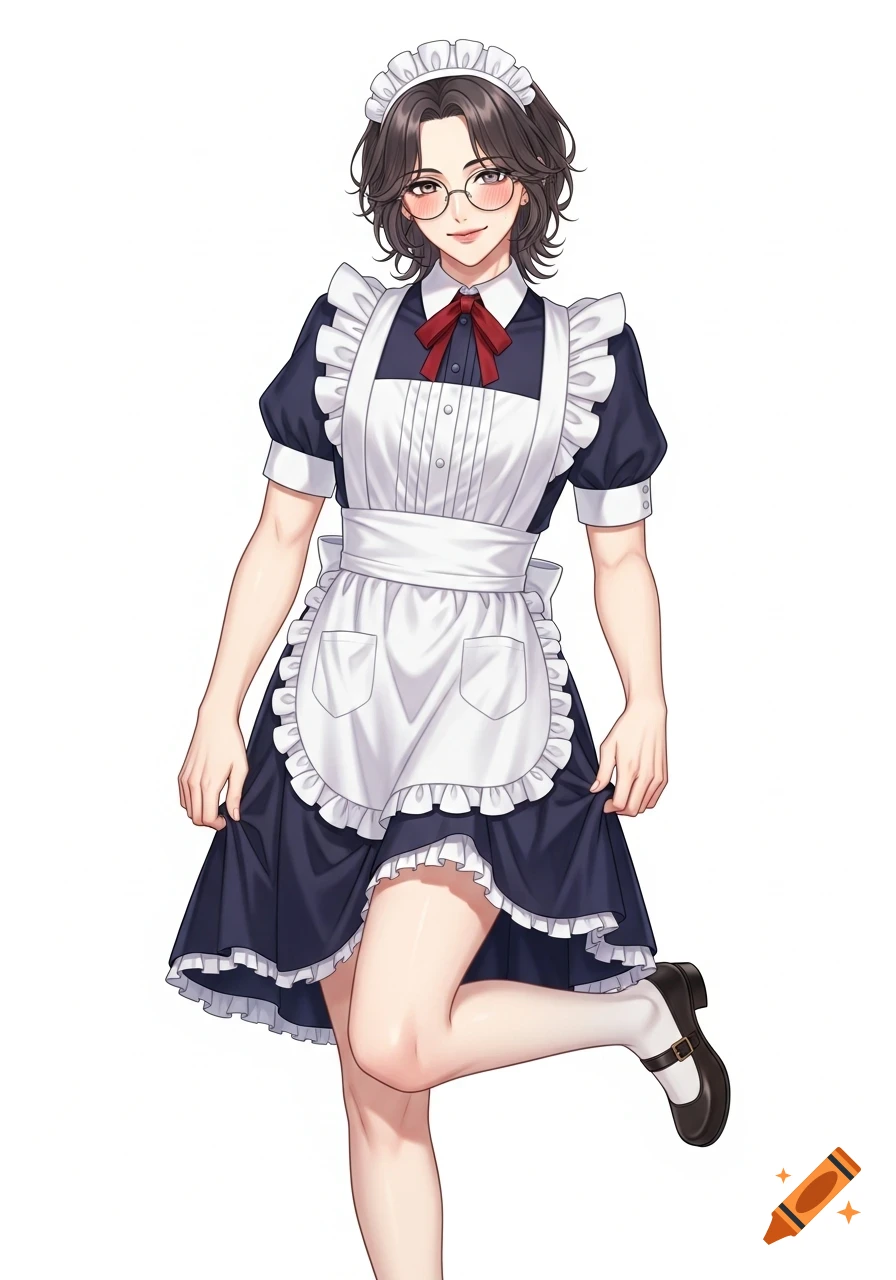 Anime art of a femboy in a maid costume, glasses, dark wavy hair, smiling, standing with one leg bent.
