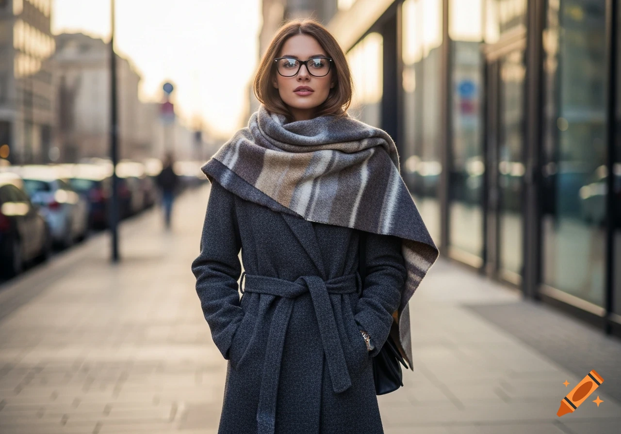 A woman in a gray wool belted coat, glasses, and a patterned blanket ...