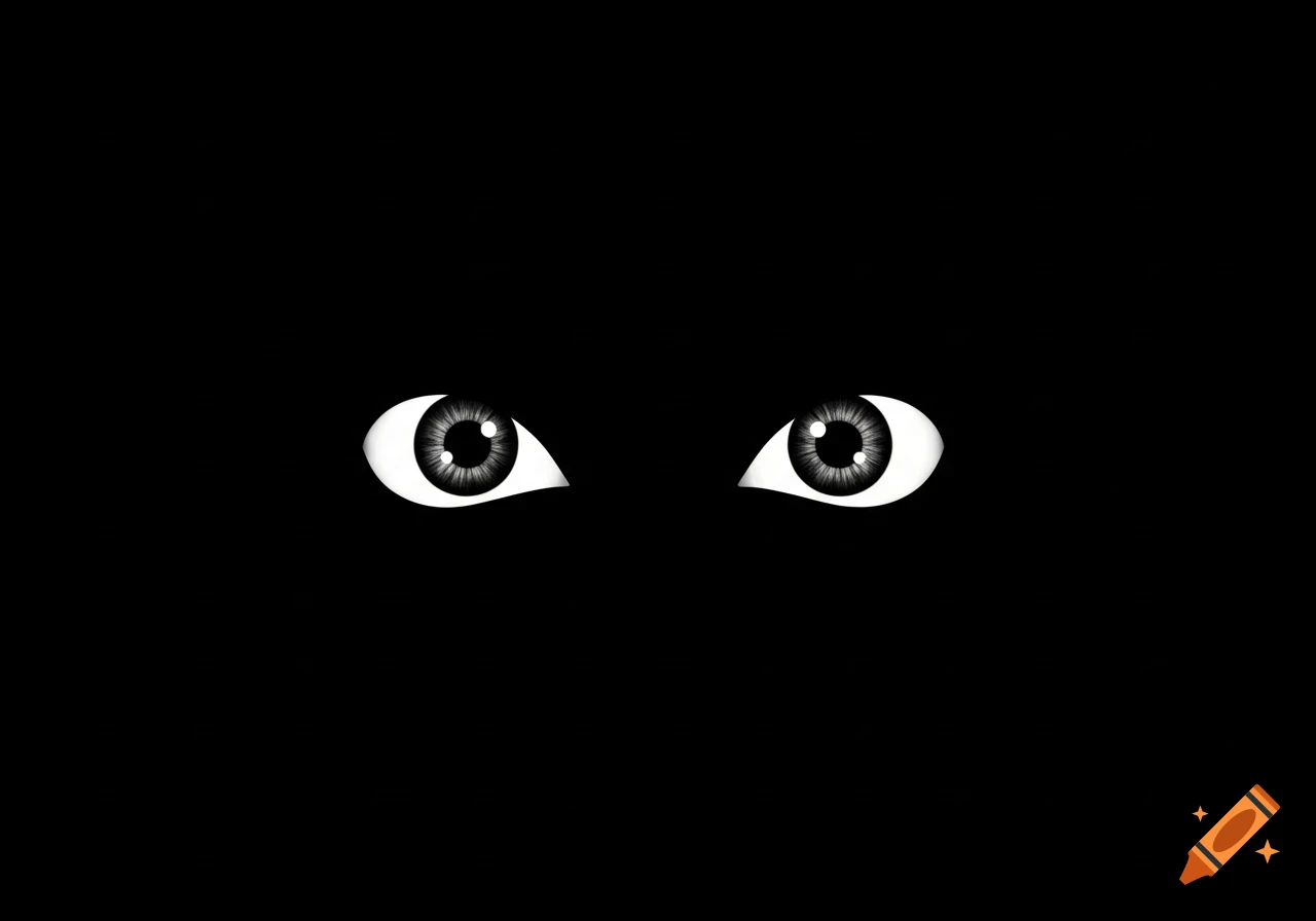 Abstract art of two minimalistic, wide-open eyes with gray irises and black pupils, staring intensely from a pitch-black background.