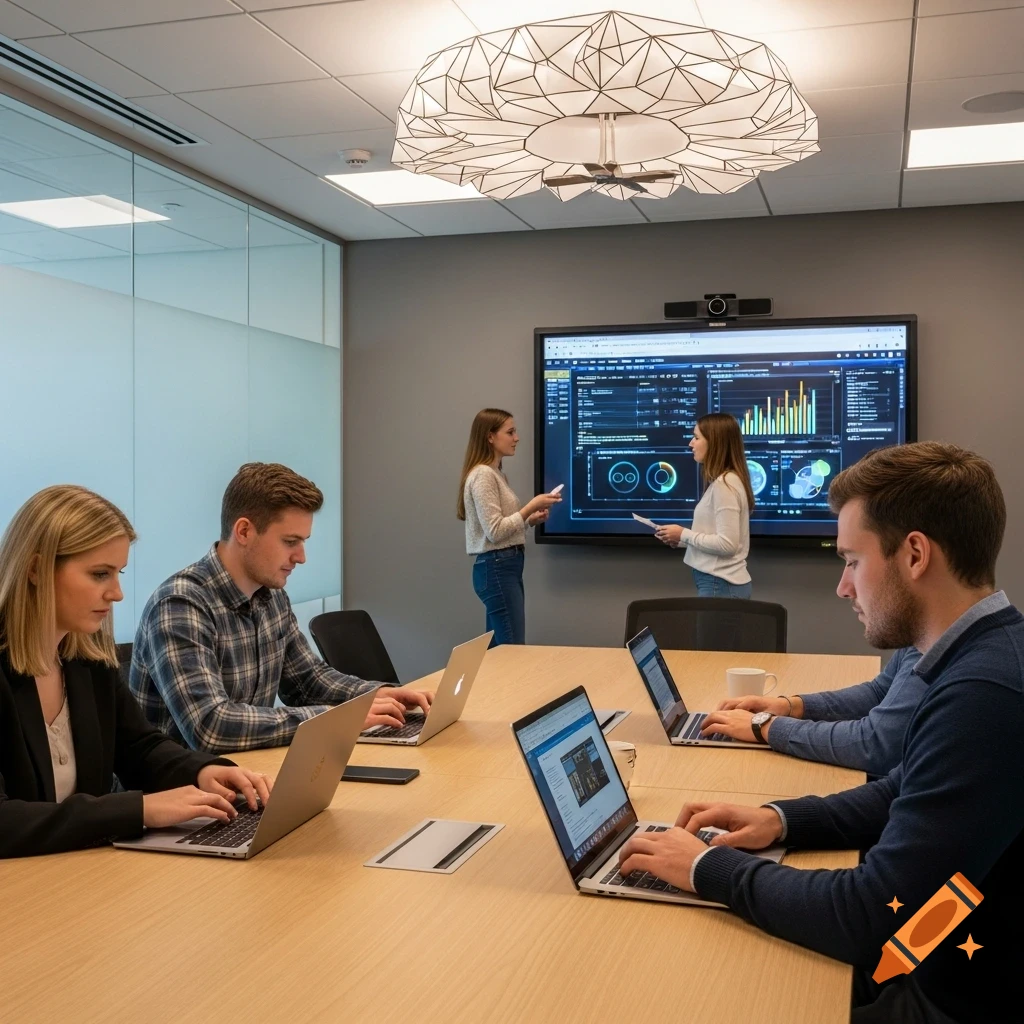 People in a modern office meeting room, some working on laptops, two standing and discussing data on a large screen.