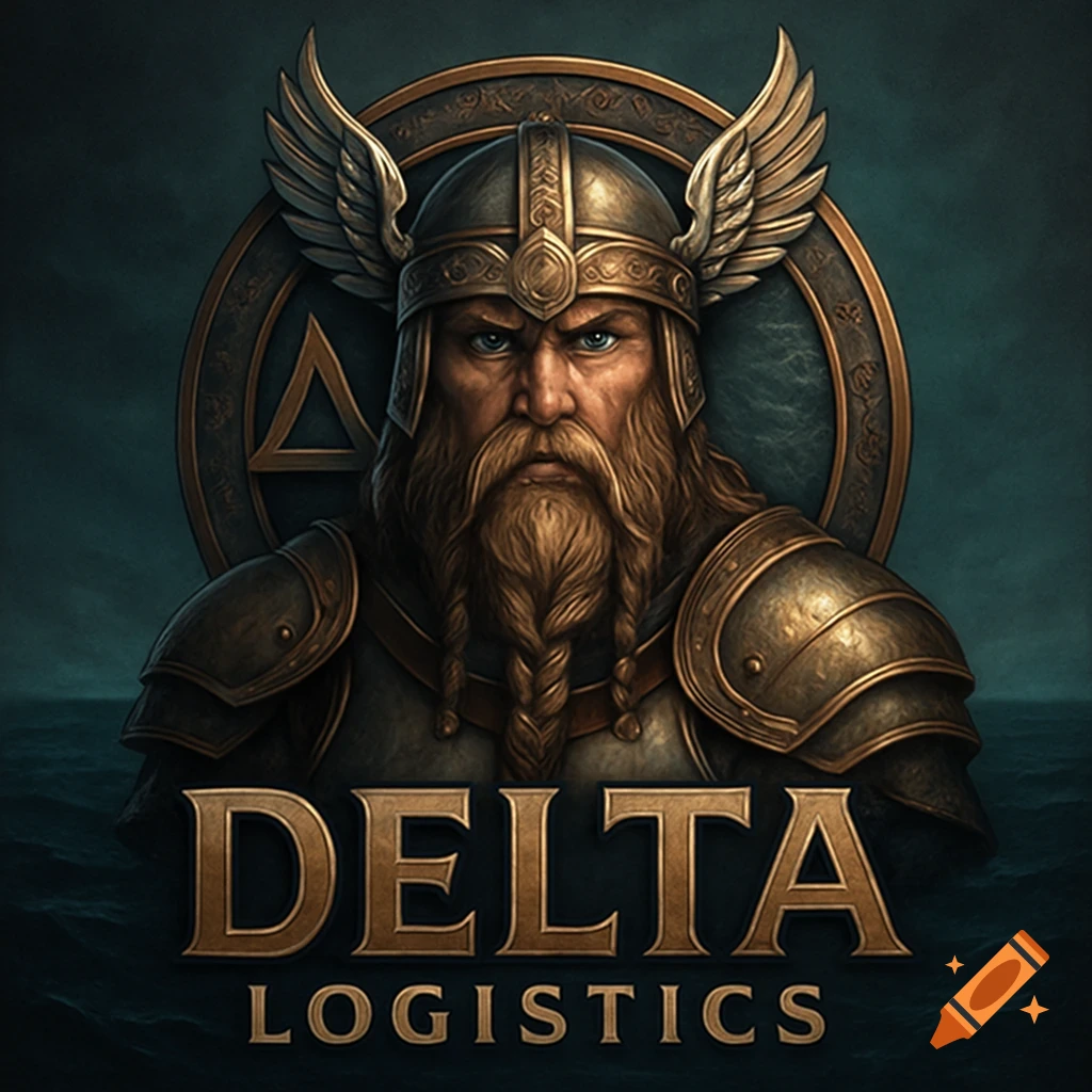 A detailed logo featuring a stern-faced Viking warrior in armor with a winged helmet, above the text "DELTA LOGISTICS" against a stormy sea backdrop.