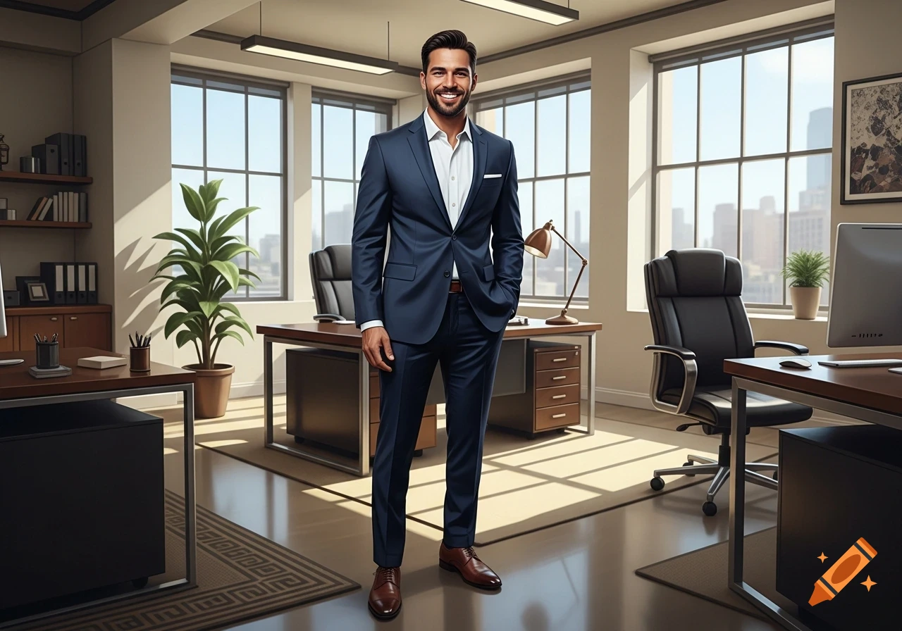 A smiling man in a dark blue business suit stands confidently in a modern office with large windows overlooking a city.