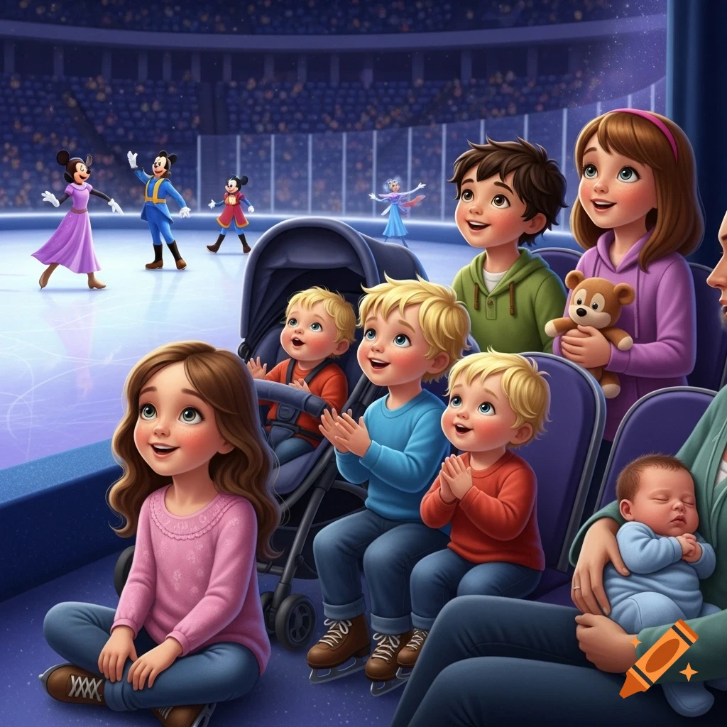 A cartoon family with multiple children watching Mickey Mouse and Minnie Mouse ice skate at a Disney on Ice show in a stadium.
