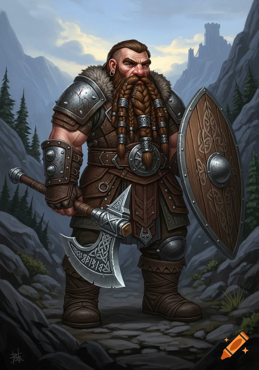 A muscular dwarf warrior in leather armor, holding a battle axe and shield, stands on a rocky path in a mountain valley with a distant castle, in a detailed fantasy art style.