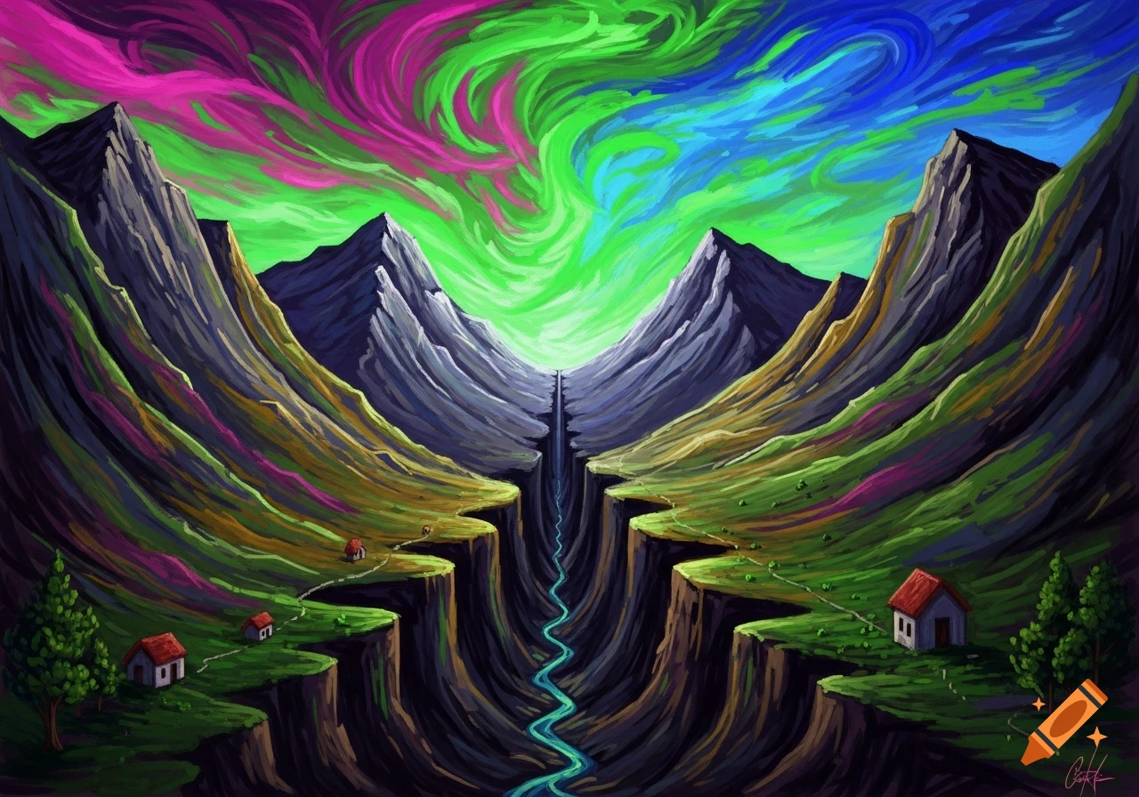Vibrant, expressionistic landscape with a deep canyon, winding river, small houses, and mountains under a swirling psychedelic sky.