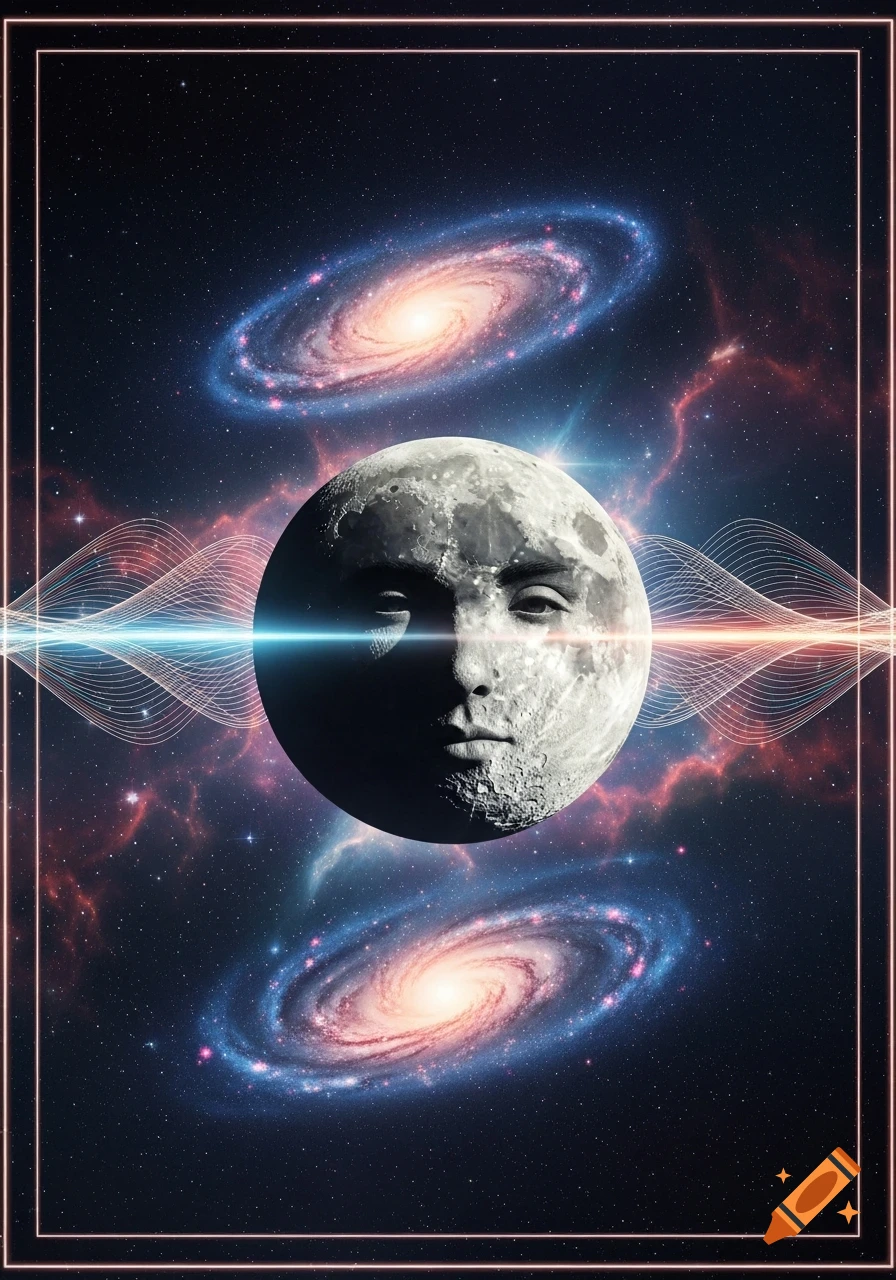 A surreal image of a full moon with a human face, set against a cosmic backdrop of galaxies, stars, and glowing light waves.