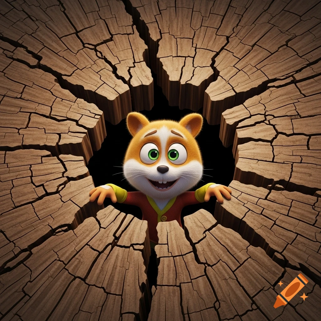 A cute 3D cartoon animal with big green eyes and a wide smile emerges from a dramatically cracked wooden surface, creating a trompe-l'oeil effect.