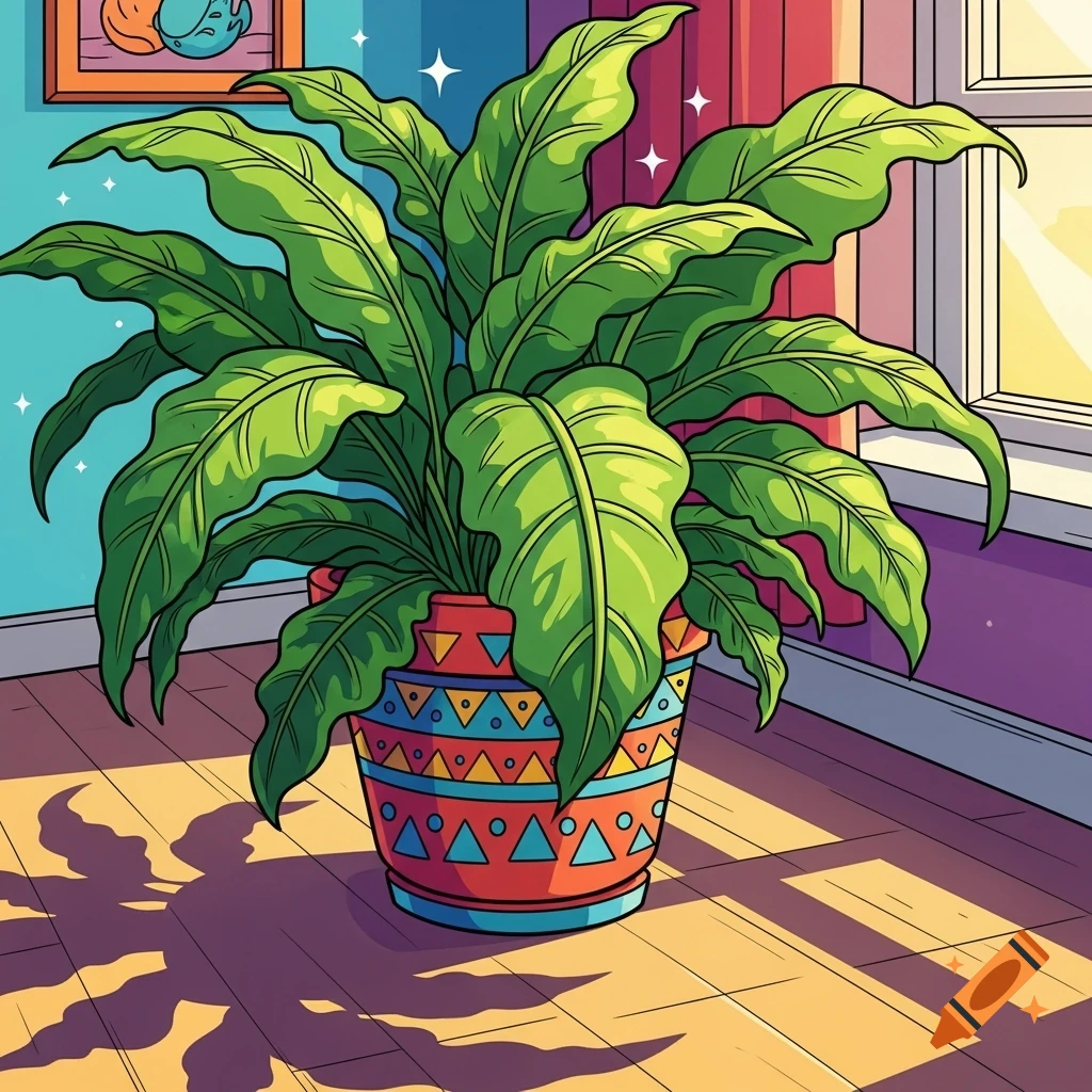 A vibrant comic-style illustration of a large green houseplant in a decorative patterned pot, casting shadows on a wooden floor near a window.
