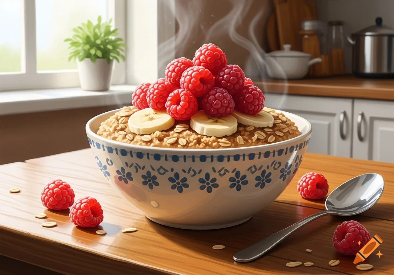 Steaming bowl of oatmeal topped with fresh raspberries and sliced bananas, on a wooden table in a sunny kitchen.