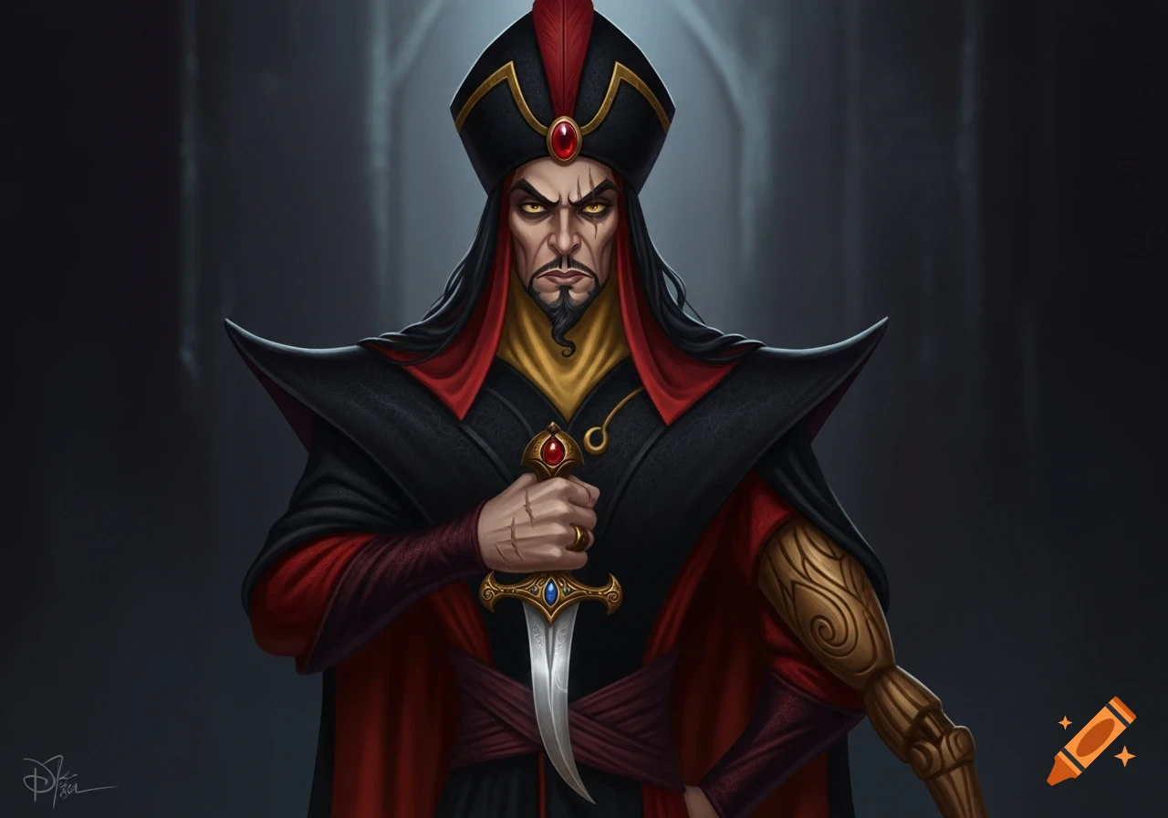 Jafar, a dark-haired villain with a goatee, scars, and piercing yellow eyes, wears a black and red turban, a flowing black cape, and a golden prosthetic arm, holding a jeweled dagger against a dark background.