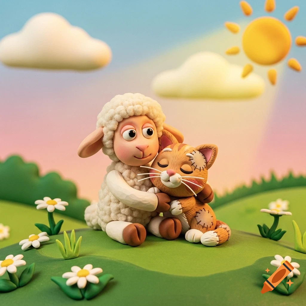 A cute claymation lamb and a patched kitten cuddle on a green hill with flowers under a sunny, cloudy sky.