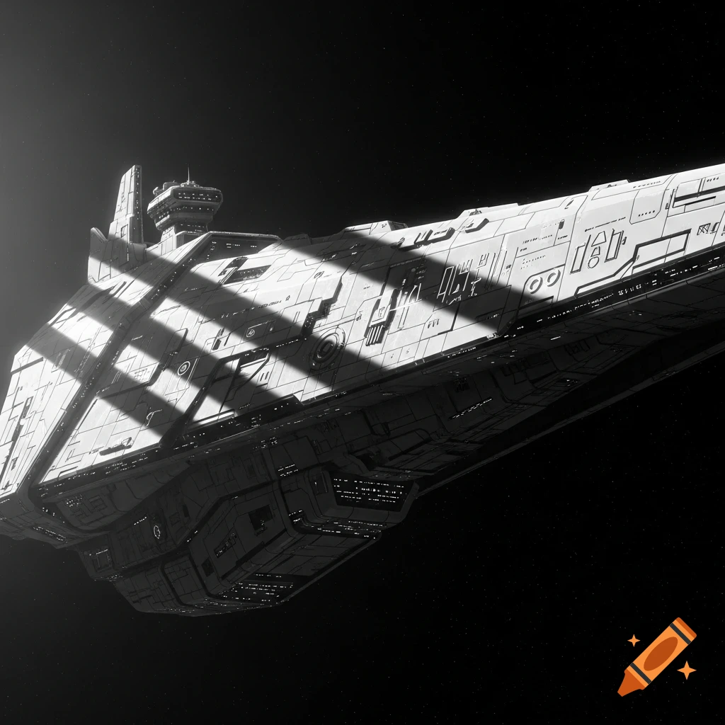 A large, detailed white spaceship floats in black space, highlighted by harsh shadows in a black and white render.