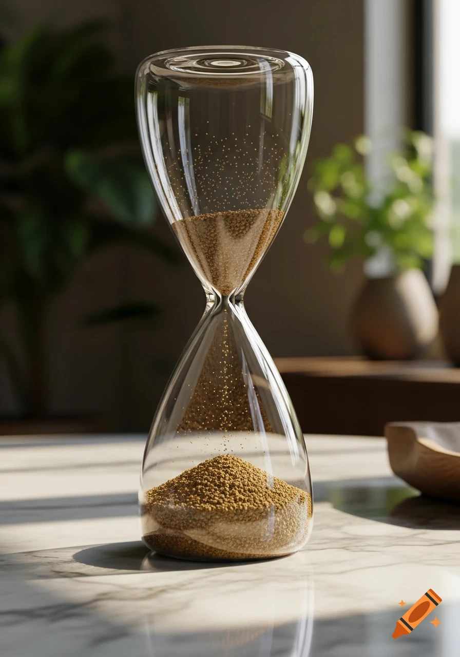 A photorealistic close-up of a clear glass hourglass with sand flowing, sitting on a marble table.