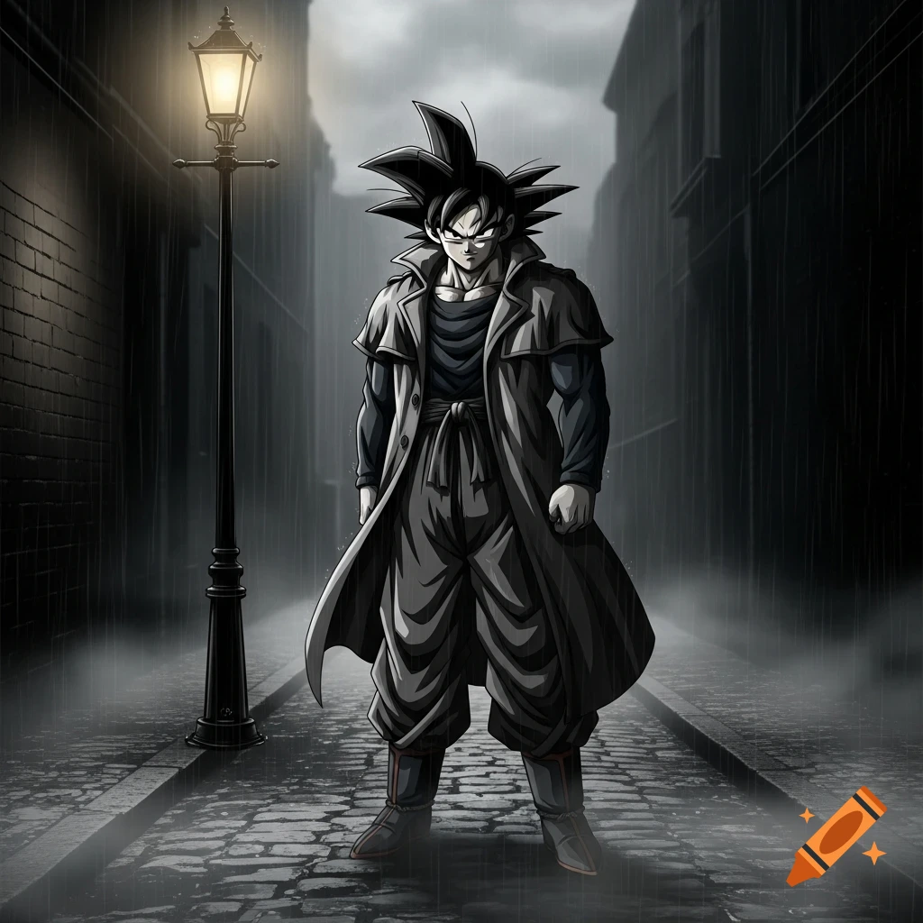 Goku in a trench coat stands on a dark, rainy street lit by a single lamppost, in a film noir anime style.