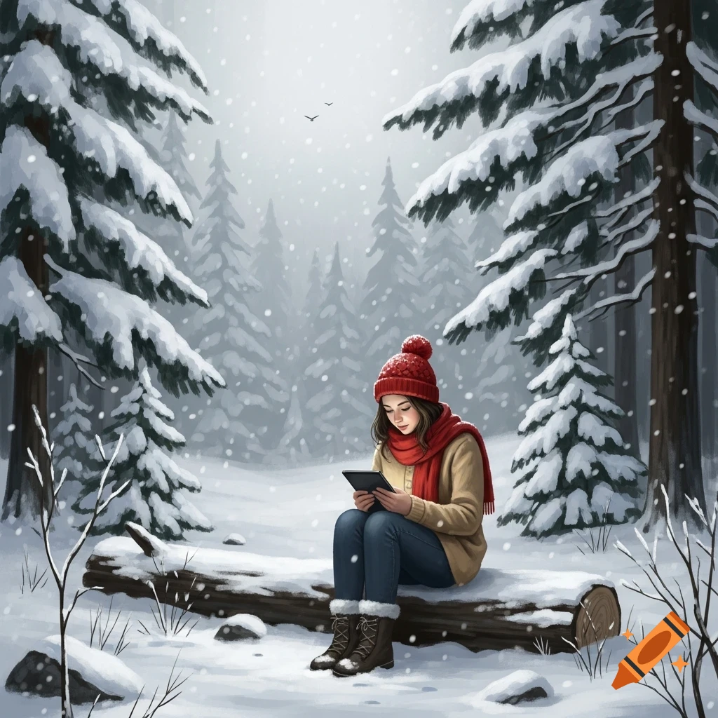 A girl in a red hat and scarf sits on a snowy log, reading a tablet in a snow-covered forest.